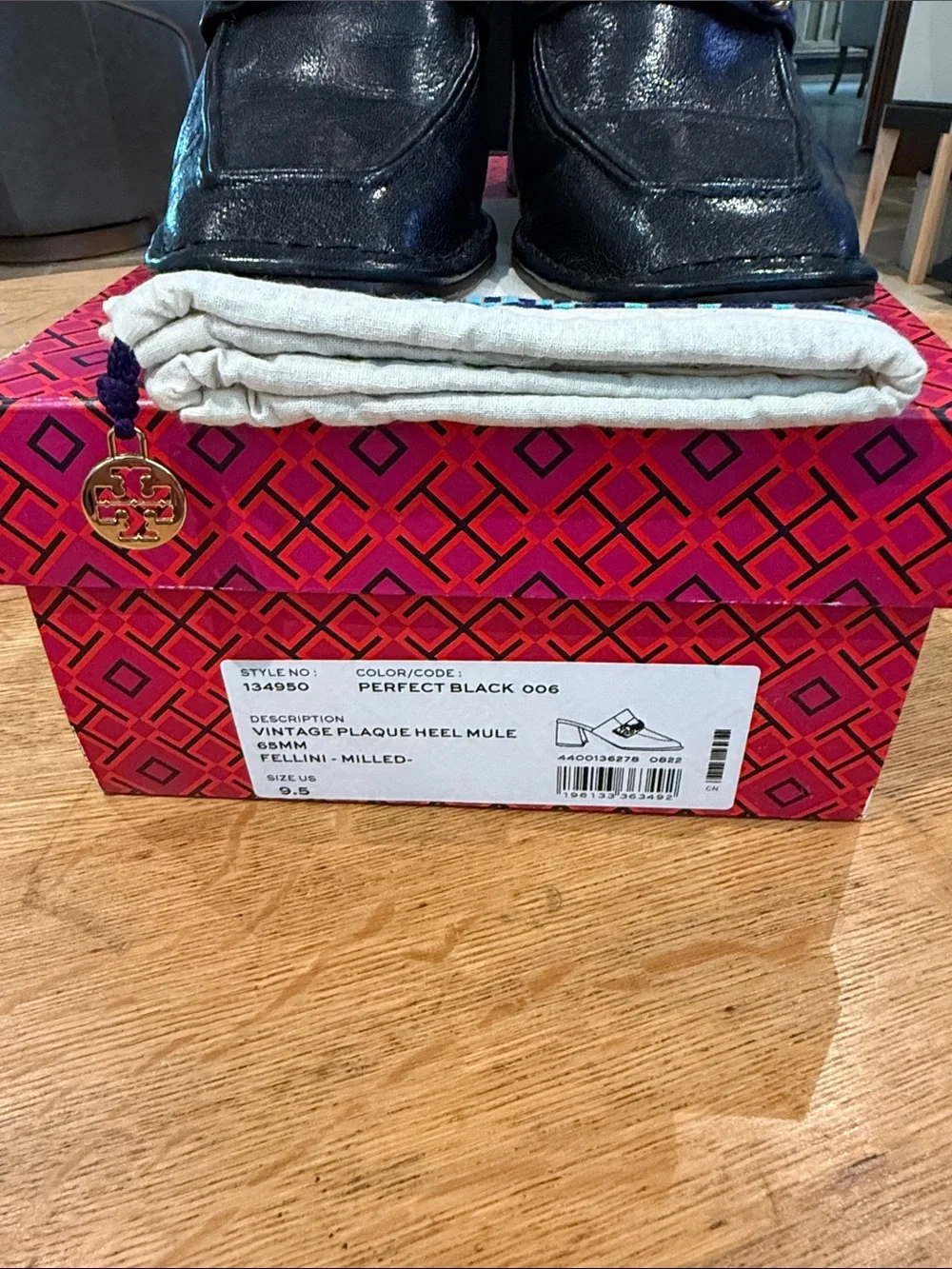 Tory Burch Patent Black Square-Toe Plaque Heel Mules. 9.5. Box and dust cover